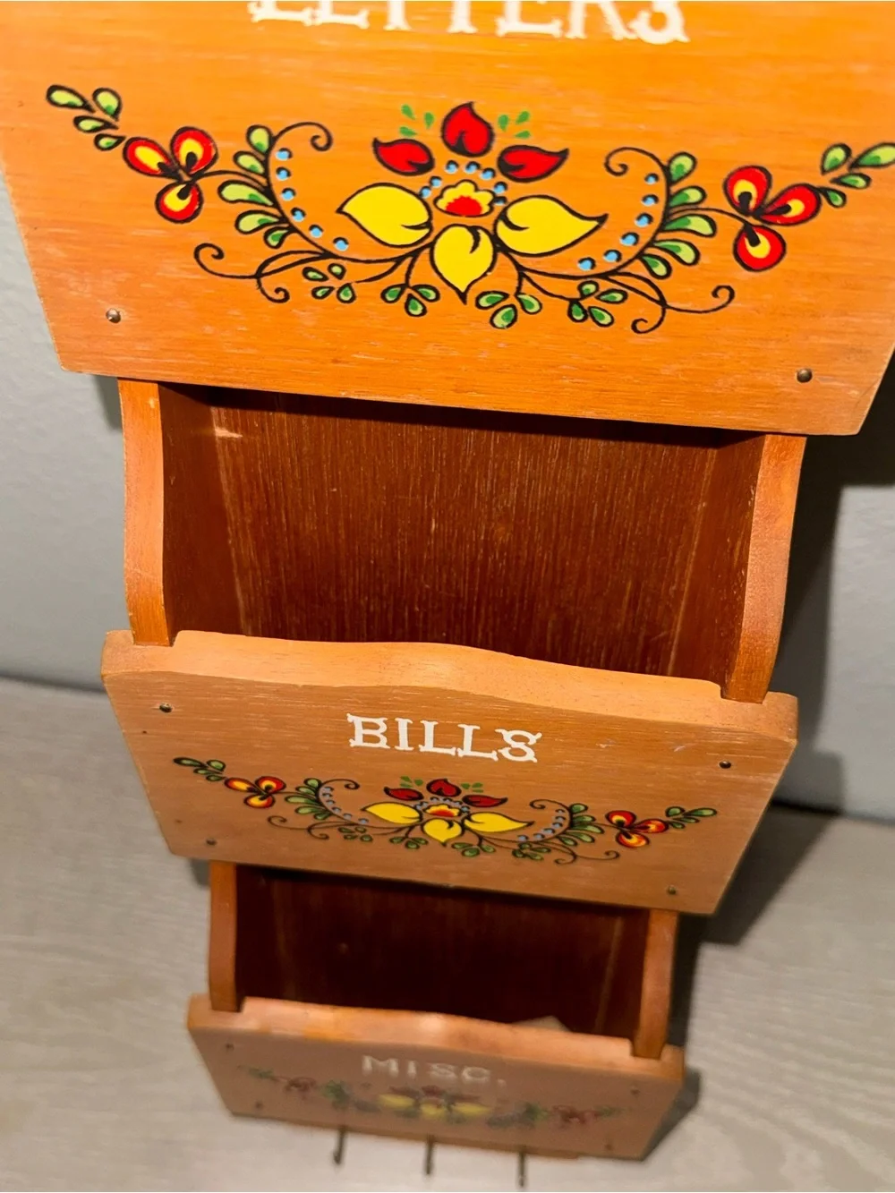 vintage three-tier wooden wall mail organizer hand-painted floral, labeled